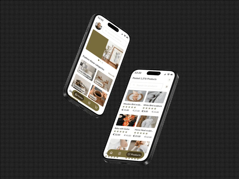 Two phones on a dark textured background showing the Artisanry app: a warm olive-toned home screen with categories and featured handmade products, and a product grid with prices