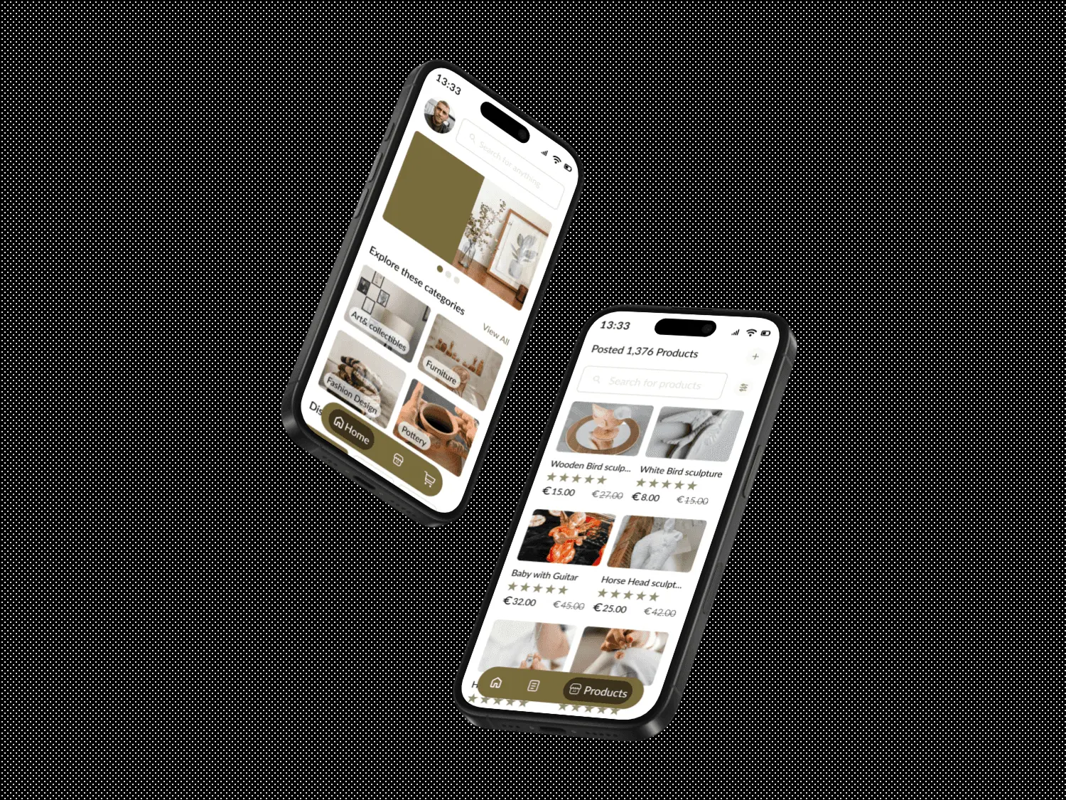 Two phones on a dark textured background showing the Artisanry app: a warm olive-toned home screen with categories and featured handmade products, and a product grid with prices
