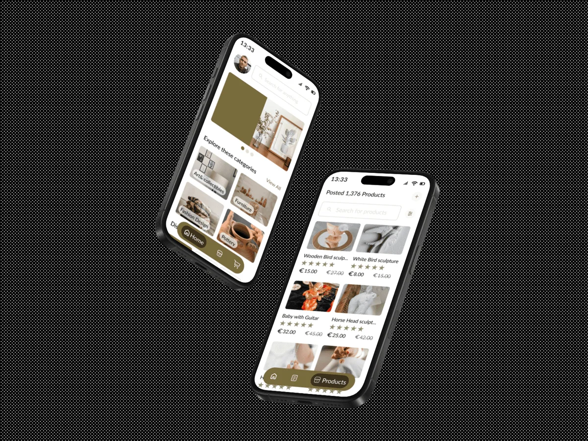 Two phones on a dark textured background showing the Artisanry app: a warm olive-toned home screen with categories and featured handmade products, and a product grid with prices