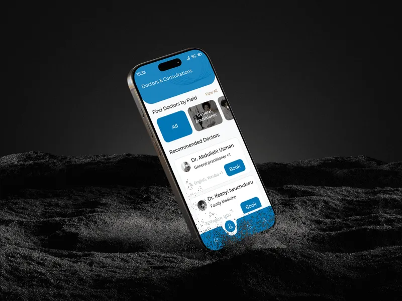 A phone on a dark textured background showing the MedViva doctors and consultations screen in blue, with a search field, specialty filters and a list of recommended doctors with fees and book buttons