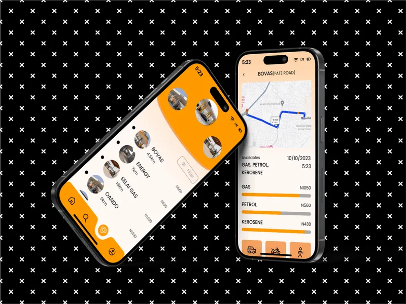 Two phones showing the FSTA driver app in orange: a list of nearby stations with availability badges, and a station detail screen with a map, fuel types and prices
