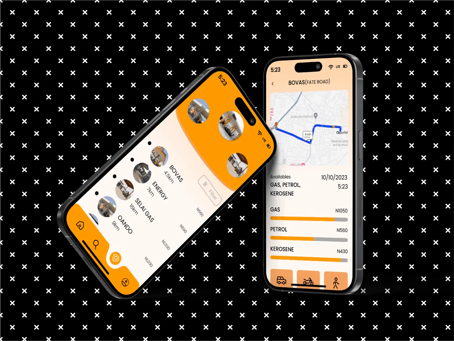 Two phones showing the FSTA driver app in orange: a list of nearby stations with availability badges, and a station detail screen with a map, fuel types and prices