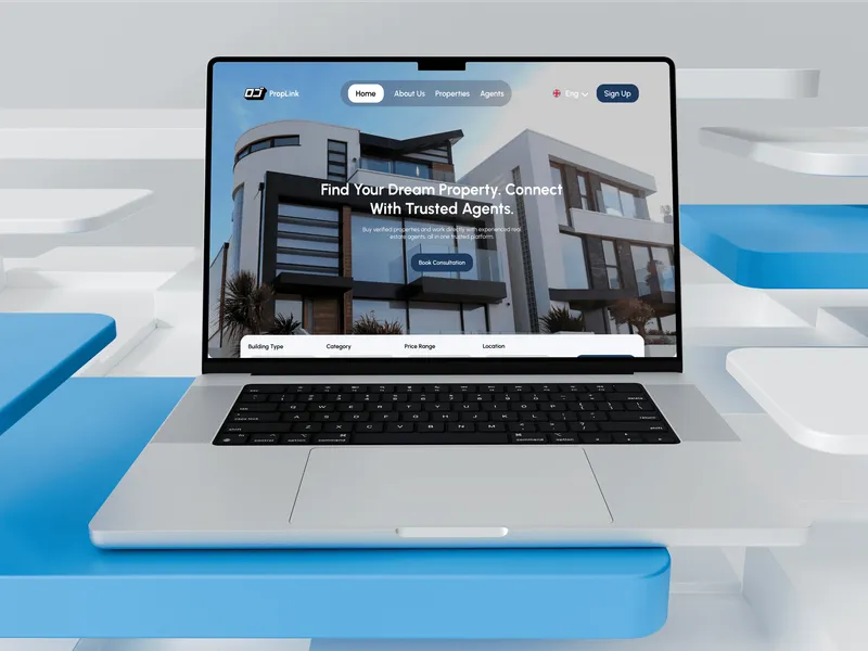 A laptop on a blue block background showing the Proplink homepage, a modern white house photograph with the headline Find Your Dream Property, Connect With Trusted Agents, and a search bar