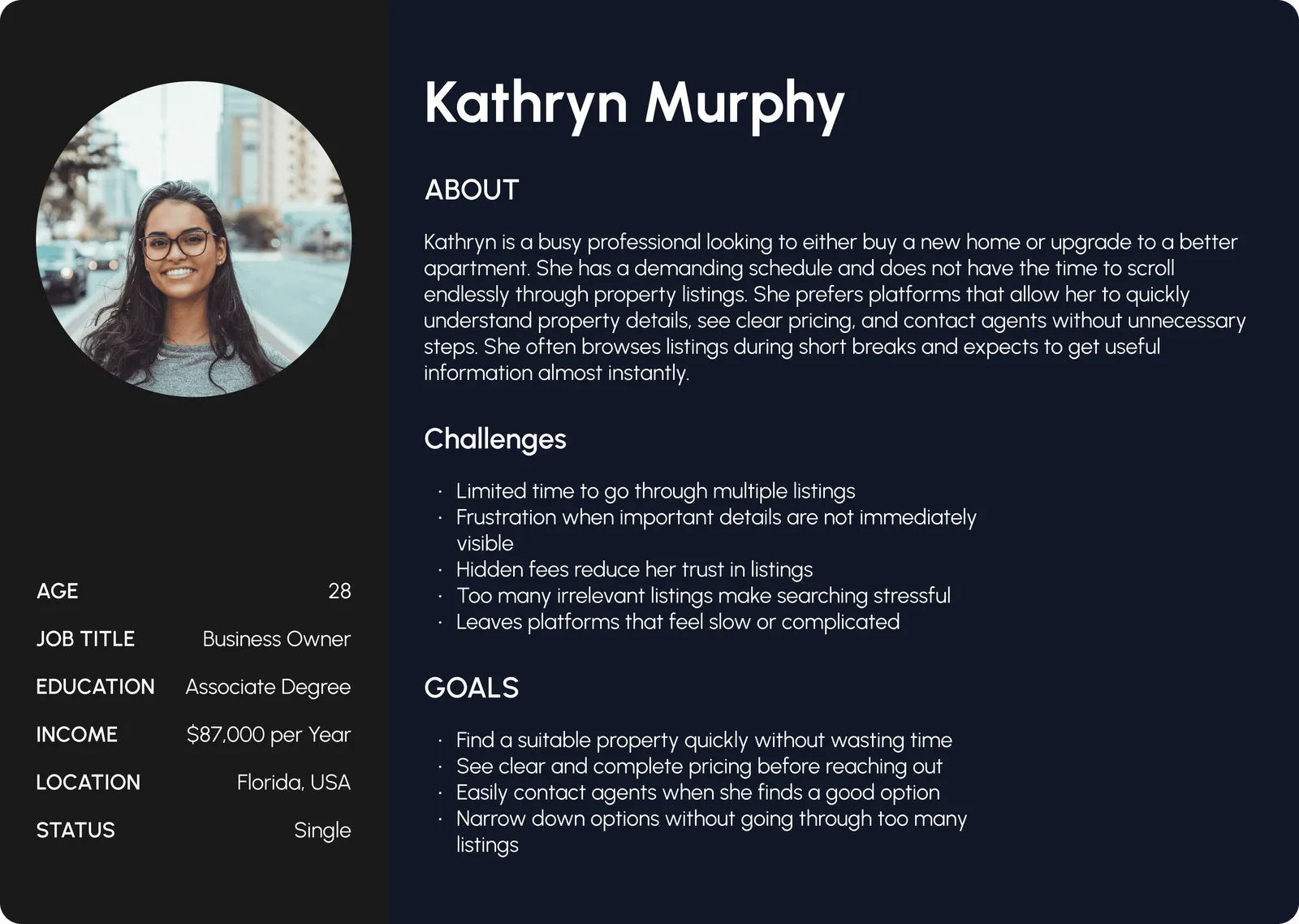 Persona card for Kathryn Murphy, a 28-year-old business owner in Florida looking for a new home or an upgrade. Challenges: limited time, frustration when important details aren’t visible, hidden fees reduce trust, too many irrelevant listings. Goals: find a suitable property quickly, see complete pricing before reaching out, contact agents easily.