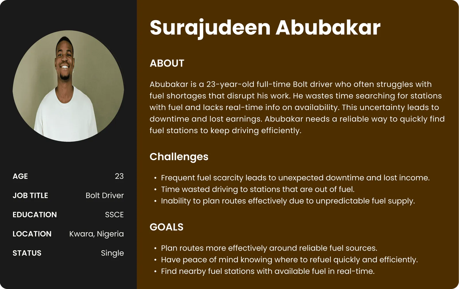 Persona card for Surajudeen Abubakar, a 23-year-old full-time Bolt driver in Kwara, Nigeria. Challenges: fuel scarcity causes downtime and lost income, time wasted driving to stations that are out of fuel, cannot plan routes. Goals: plan routes around reliable stations, know where fuel is available in real time.