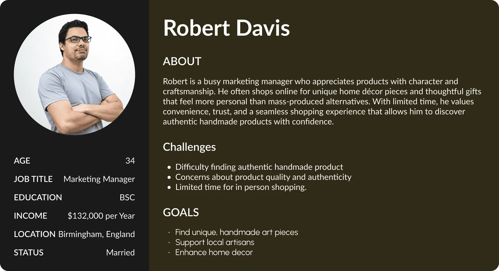 Persona card for Robert Davis, a 34-year-old marketing manager in Birmingham who appreciates products with character. Challenges: difficulty finding authentic handmade products, concerns about quality and authenticity, limited time for in-person shopping. Goals: find unique handmade pieces, support local artisans.