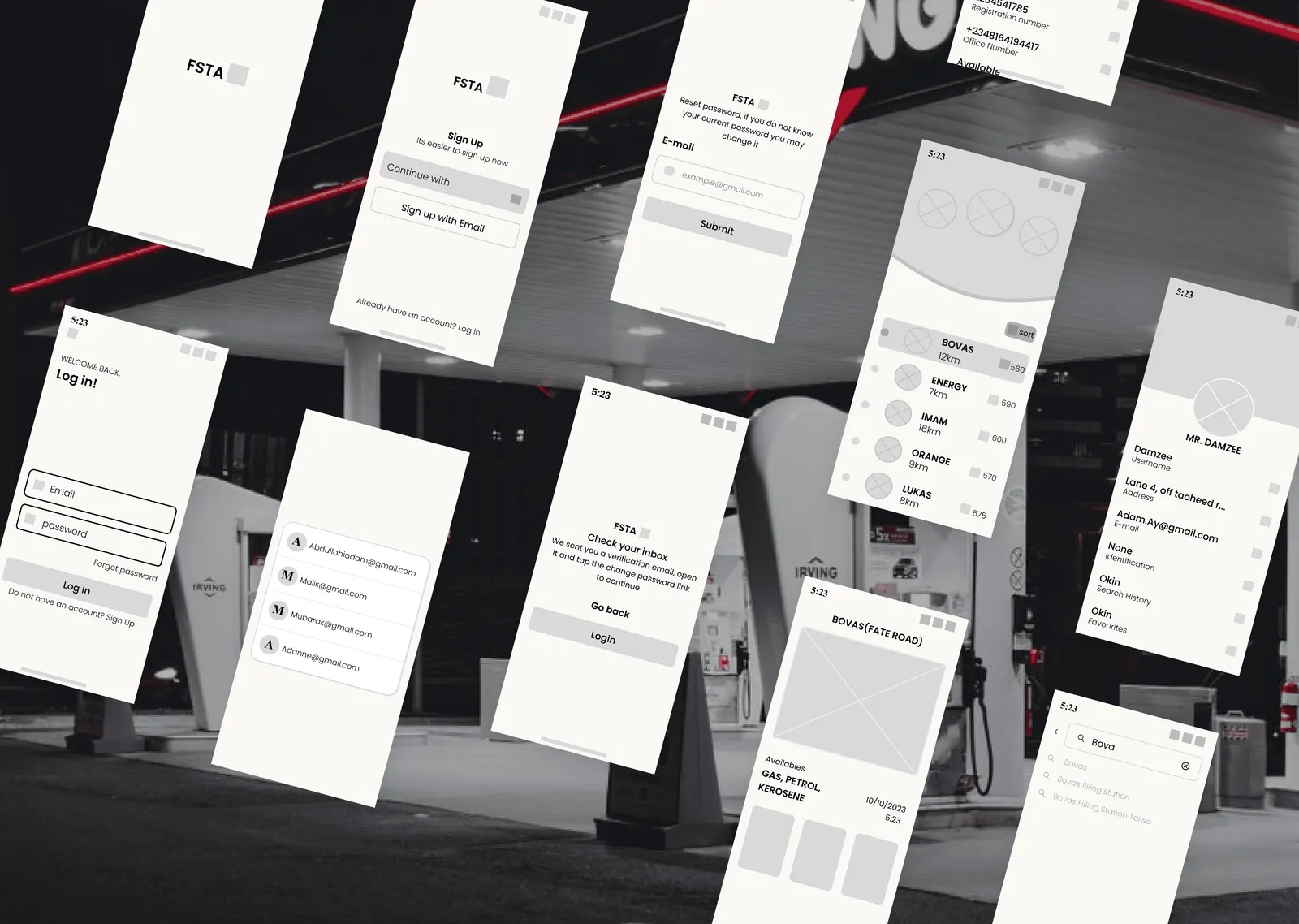 Low-fidelity wireframes of the FSTA driver screens laid over a photograph of a filling station: onboarding, station list, station detail, filters and map views.