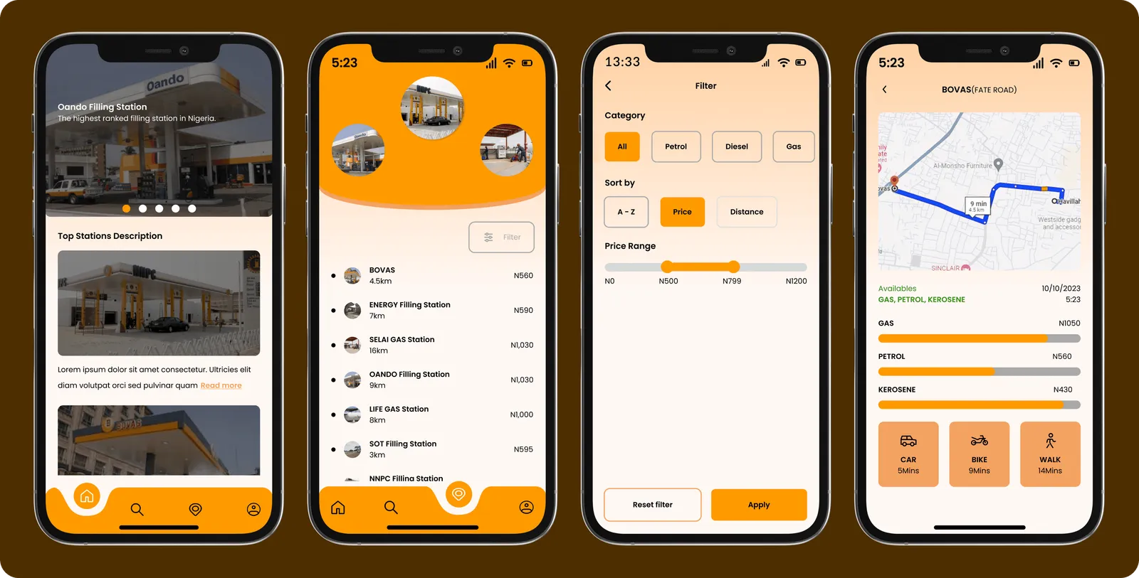 Four final FSTA screens: station list with photos and availability, station detail with fuel types and prices, filters, and a map view with pins.