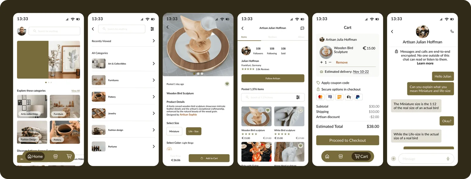 Five final Artisanry screens: home with categories, product detail with artisan story, artisan profile, cart and checkout.